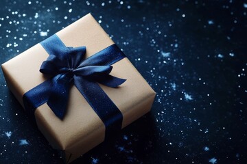 Christmas eco background featuring a craft paper gift box on the snowy dark blue surface.