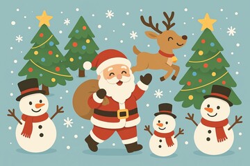 Cheerful Christmas Scene with Santa, Reindeer, and Snowmen