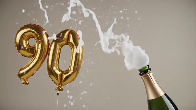 Number 90 balloon with popping champagne bottle. Celebrating a milestone, anniversary or birthday