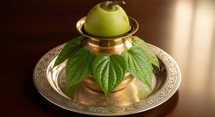 Hindu ritual offering with betel leaf and coconut