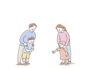 笑顔の家族（指をさす男の子と女の子）
