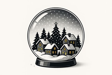 Cozy Winter Village in a Snow Globe with Falling Snow