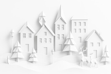 White Paper Cut Winter Village with Deer