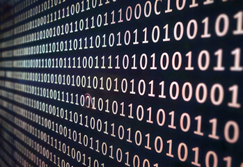Modern binary code pattern creates a digital futuristic vibe with glowing zeros and ones on dark background