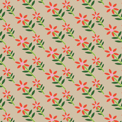 A soft and elegant seamless floral pattern featuring red and pink flowers with green leafy steams on a light cream background.Suitable for textile print,background,crafts,home decor,wallpaper,or web.