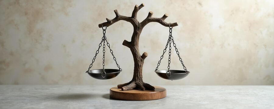 Scales of justice formed from tree branches, idea reflects enviromental regulations. Balance tool made of tree symbolize harmony. Eco friendly laws promotes environmental care, conservation of