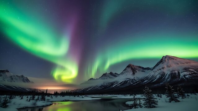Emerald and violet curtains of the aurora borealis swirl across a star-filled sky, illuminating silent snow-covered mountains and a frozen river in a remote serene winter wilderness landscape. - Powered by Adobe