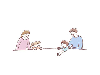 笑顔で身を乗り出す家族（指をさす男の子）
