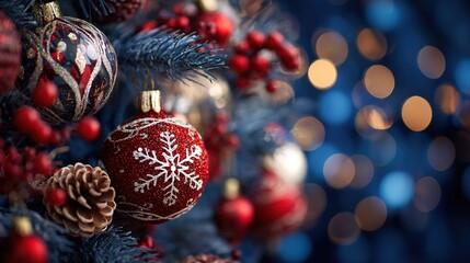 Obraz premium Sparkling xmas tree, red ornaments, pine cone, holiday bokeh.