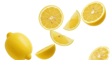 Vibrant yellow lemons, whole, halves, slices, dynamically floating and swirling mid-air against a transparent background, selective focus and bokeh, invigorating freshness concept