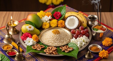 Indian offering tray with fruits and rice