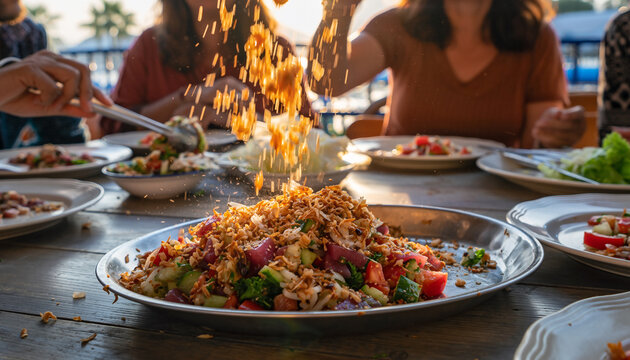 Lunar New Year People enjoying &ldquo;lo hei&rdquo; or &ldquo;yu sheng,&rdquo; a traditional shredded raw fish salad tossed with vegetables to symbolize prosperity and good fortune, often shared among coworkers during 