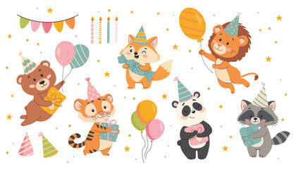 Happy Birthday Animal Concept Vector Set. A collection of charming wildlife, including a bear, panda, fox, tiger, lion, and raccoon. Birthday character illustration for greeting cards, babies, educati