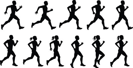 Jogging running silhouettes collection, male female fitness workout vector, marathon training artwork, healthy exercise lifestyle design, sports athlete motion illustration