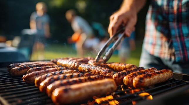 Man Grilling Juicy Sausages with Tongs for National Barbecue Month Family Picnic in Sunny Backyard