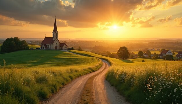 Dirt road winds through rich green fields towards a quaint village church bathed in warm golden sunset light. Rolling hills stretch to the horizon under a dramatic sky with glowing clouds. - Powered by Adobe