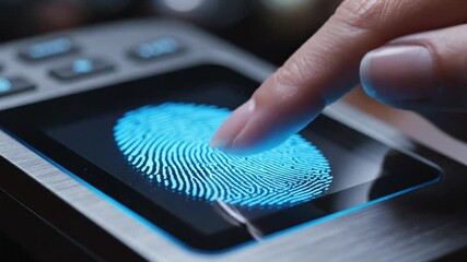 Close up of a person using a biometric fingerprint scanner for secure digital access and modern identity verification technology in a dark setting