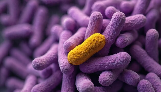 Illustration of Clostridium difficile bacteria at high magnification. Microscopic view of C diff bacterium causing gut infections. Detailed depiction of pathogen shows its structure and morphology.