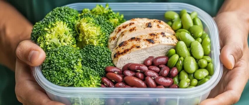 Close up of hands holding a clear plastic meal prep container filled with grilled chicken broccoli and various beans