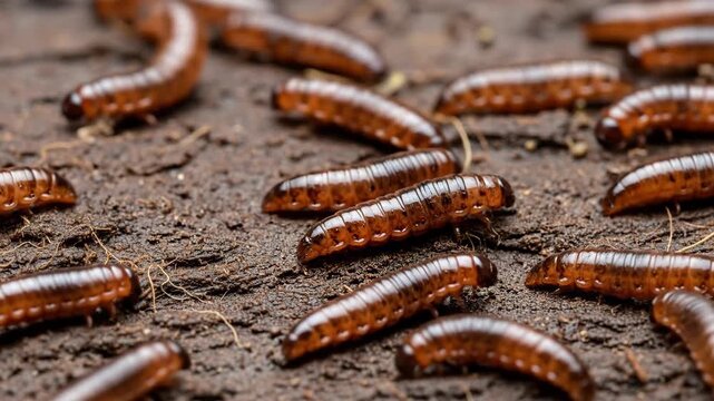 Close-up view of brown larvae on soil, showcasing nature's detail.