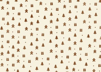 Seamless Christmas Pattern with Gingerbread Men, Trees and Gifts cartoon illustration in Brown Tones