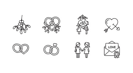 Collection of wedding and love icons in a distinctive silhouette style