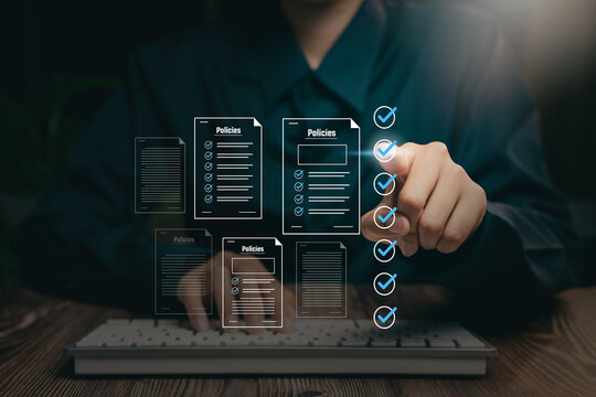 Policy compliance concept, hand pointing checklist icons with digital documents, organizational rule verification, governance process, accuracy assurance, workflow clarity, corporate responsibility.