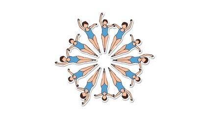 Group Of Synchronized Swimmers Forming A Circle Pattern Underwater In Blue Swimsuits With Arms Raised On A Black Background