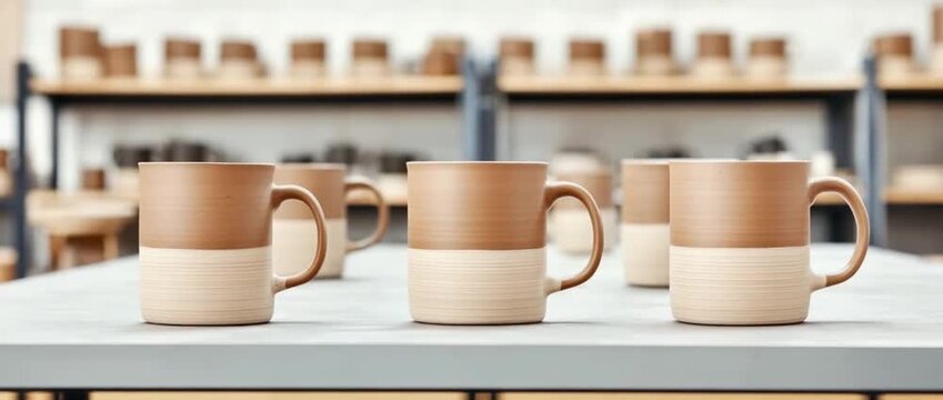 Row of handcrafted ceramic mugs displaying a two tone glaze in a pottery workshop setting