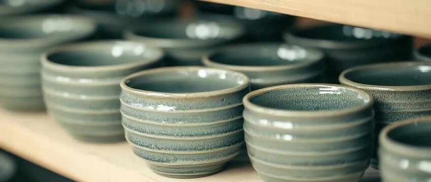 Rows of handcrafted ceramic bowls displaying textured horizontal lines and dusty green glaze on a wooden shelf