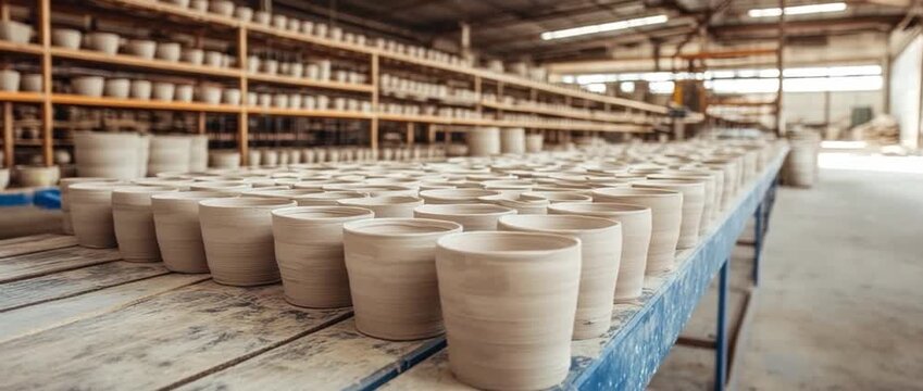 Rows of unglazed ceramic cups drying on a long table inside a large pottery workshop