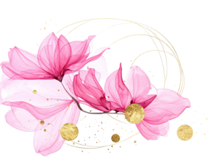 Delicate watercolor-style flowers in shades of pink, accented with gold circles and geometric shapes