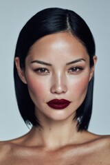 Fototapeta premium Powerful close-up portrait of a woman with sleek black hair, flawless skin, and bold dark red lipstick. Concept of confidence, luxury beauty, and modern elegance.