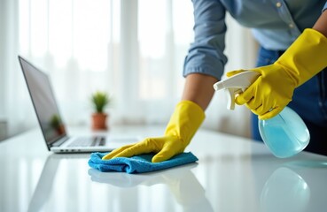 Hands wearing yellow gloves spray disinfectant on desk, wiping with blue cloth near laptop. Clean office desk, maintaining workplace hygiene, preventing germ spread. Desk sanitizing service.