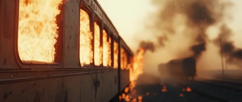 Intense flames erupt from the windows of a dark vintage train carriage against a smoky sepia sky