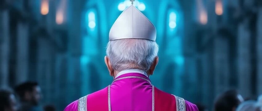 Rear view of elderly bishop in magenta vestments and white mitre facing illuminated blue church interior