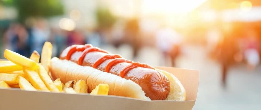 A grilled hot dog with ketchup and french fries served in a cardboard tray outdoors