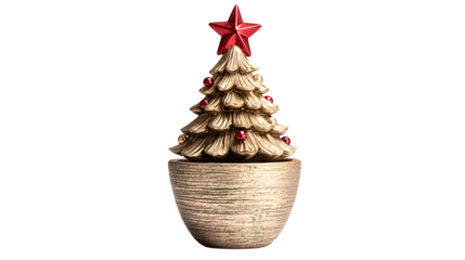 Stylish indoor Christmas tree in a metallic gold planter, finished with a red star topper and subtle festive detailing, perfect for modern holiday design, isolated on white background 