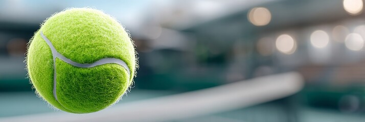 Green Fuzzy Tennis Ball Hovering Above an Outdoor Tennis Court, Ready for Competitive Play and Fun