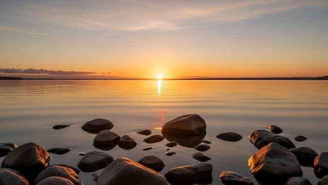 Serene lake sunrise illuminating rocky shores, a tranquil golden hour landscape - Powered by Adobe