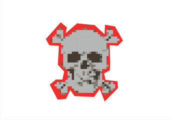 Pixelated Glitch Skull and Crossbones. 8 bit. Game development, mobile app. Isolated vector illustration.
