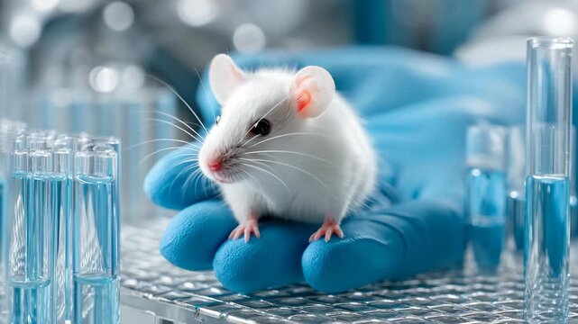White laboratory mouse on gloved hand with test tubes in background, scientific research and medical study