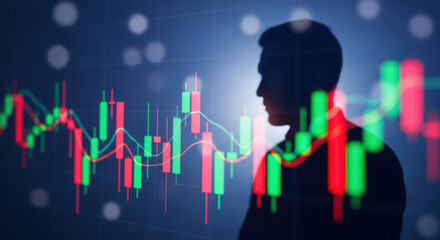 Financial Analyst Contemplating Stock Market Trends with Candlestick Chart Overlay and Silhouette, Analyzing Investment Opportunities and Economic Indicators for Growth