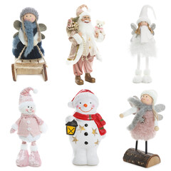 Merry Christmas and Happy New Year. Cute festive figures isolated on white, set