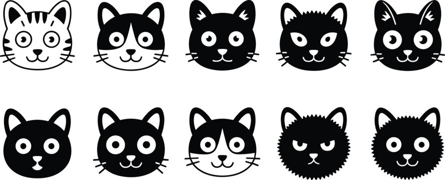 Cat face silhouette vector, feline icon set, pet expression clipart, animal design illustration, cad drawing flat vector illustration