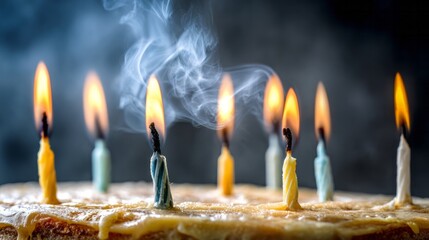 Birthday celebration bringing joy and making a wish by blowing out candles on a cake, with smoke rising. Blow