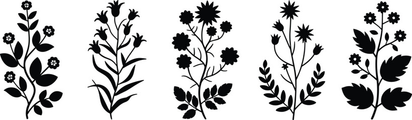 Botanical silhouette illustration, floral vector set, black flower icons, nature design elements, decorative plant shapes, minimal floral clipart, cad drawing flat vector illustration