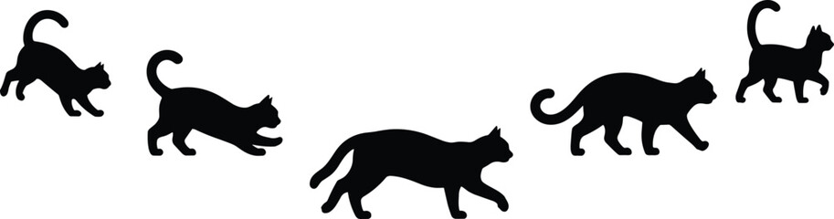 Cat silhouette vector, walking and running poses, black feline clipart, motion design elements, pet illustration, cad drawing flat vector illustration