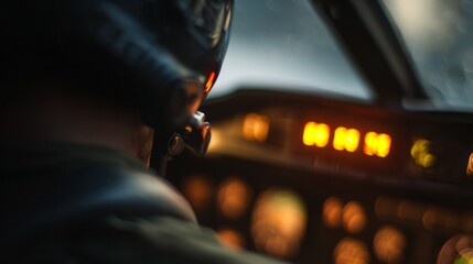 Helicopter military military helicopter pilot flying night mission, viewing illuminated cockpit dashboard during aviation operation