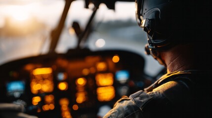 Helicopter military military pilot flying helicopter at sunset, controlling aircraft from cockpit during aviation operation